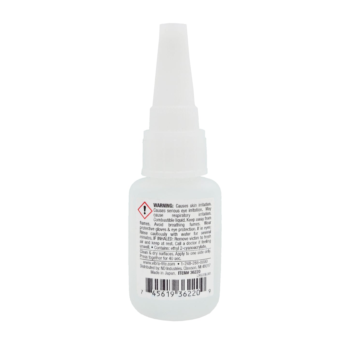 Vibra-Tite 362 Fast Set Cyanoacrylate – Back View Showing Application and Safety Info