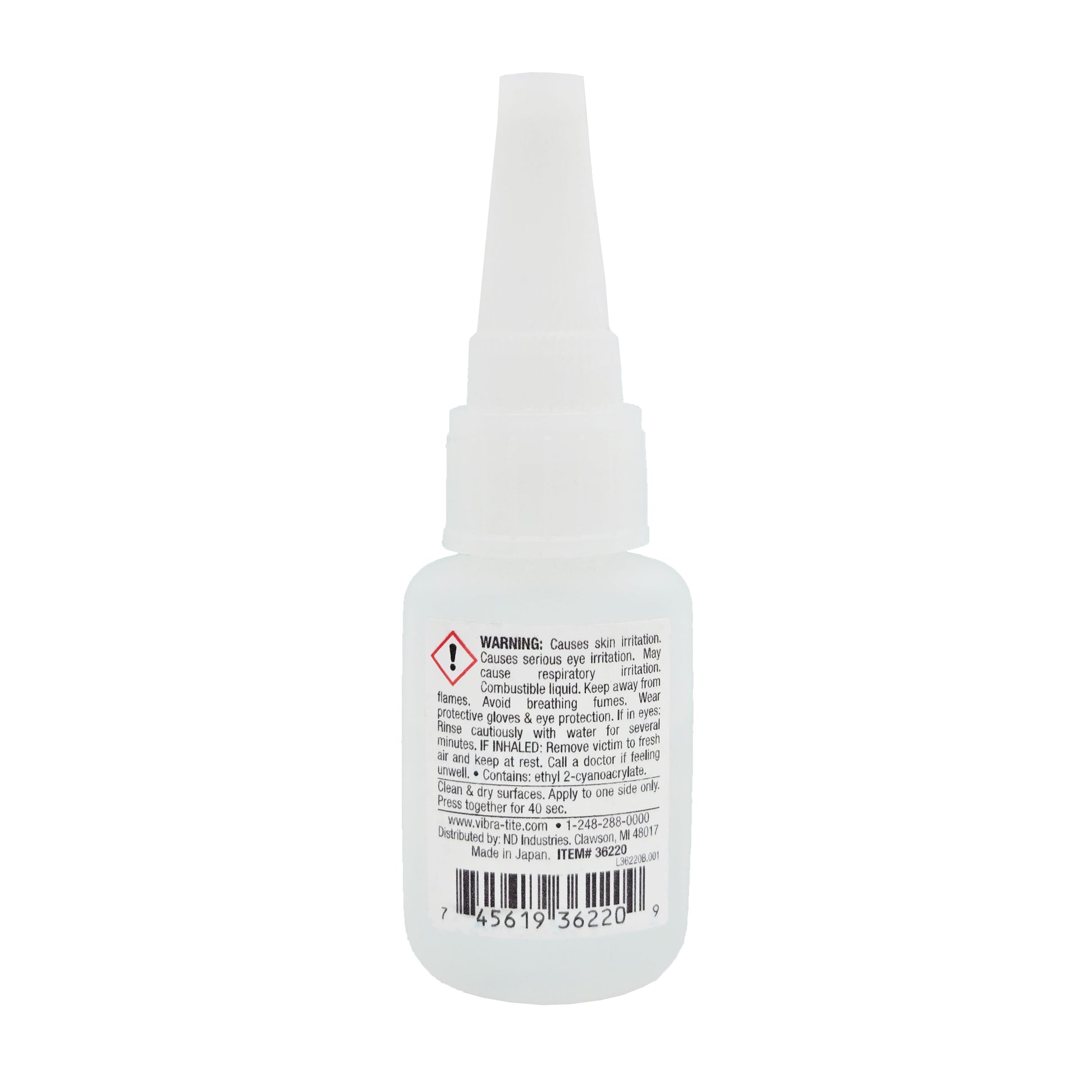 Vibra-Tite 362 Fast Set Cyanoacrylate – Back View Showing Application and Safety Info