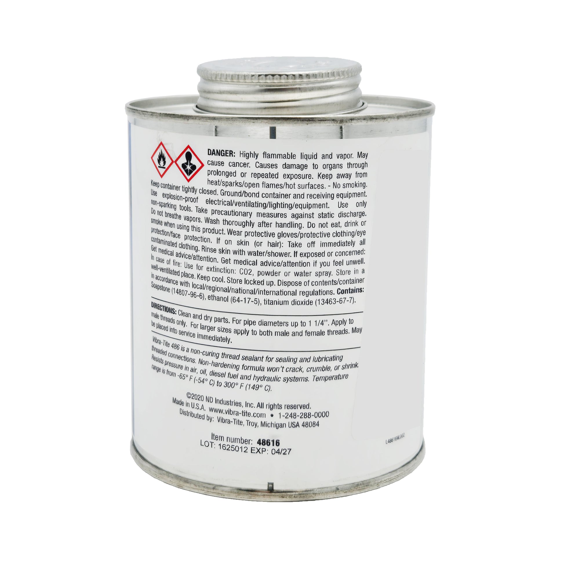 Vibra-Tite 486 Thread Sealant with PTFE – Back View with Application and Safety Information