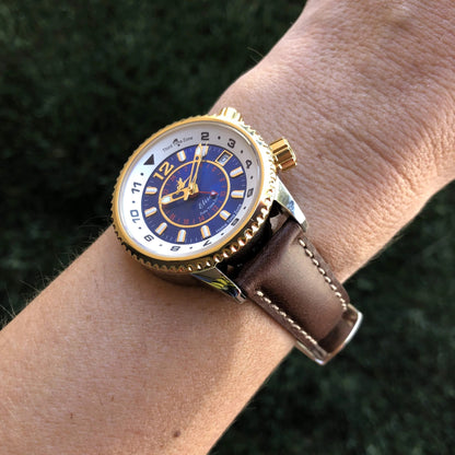 Abingdon Elise Watch on Wrist with Brown Oil-Tan Leather Band Featuring Contrast Stitch – Lifestyle View