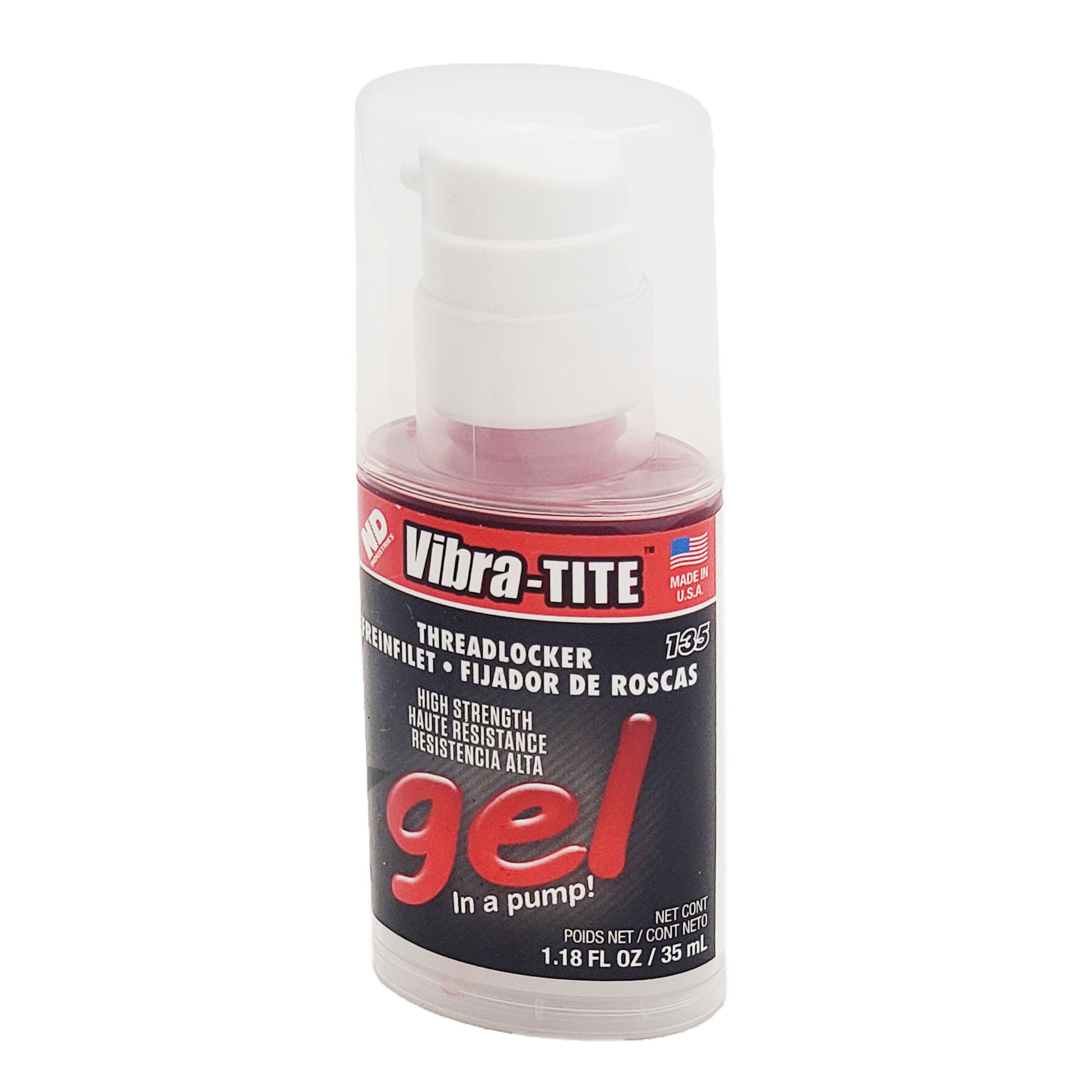Front view of expired Vibra-Tite 135 permanent-strength threadlocker gel 35 mL bottle showing pump dispenser, high-strength labeling, and Made in USA marking