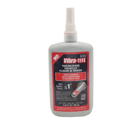 Front view of expired Vibra-Tite 140 high-strength threadlocker 250 mL bottle showing red label and bolt size application up to 1 inch