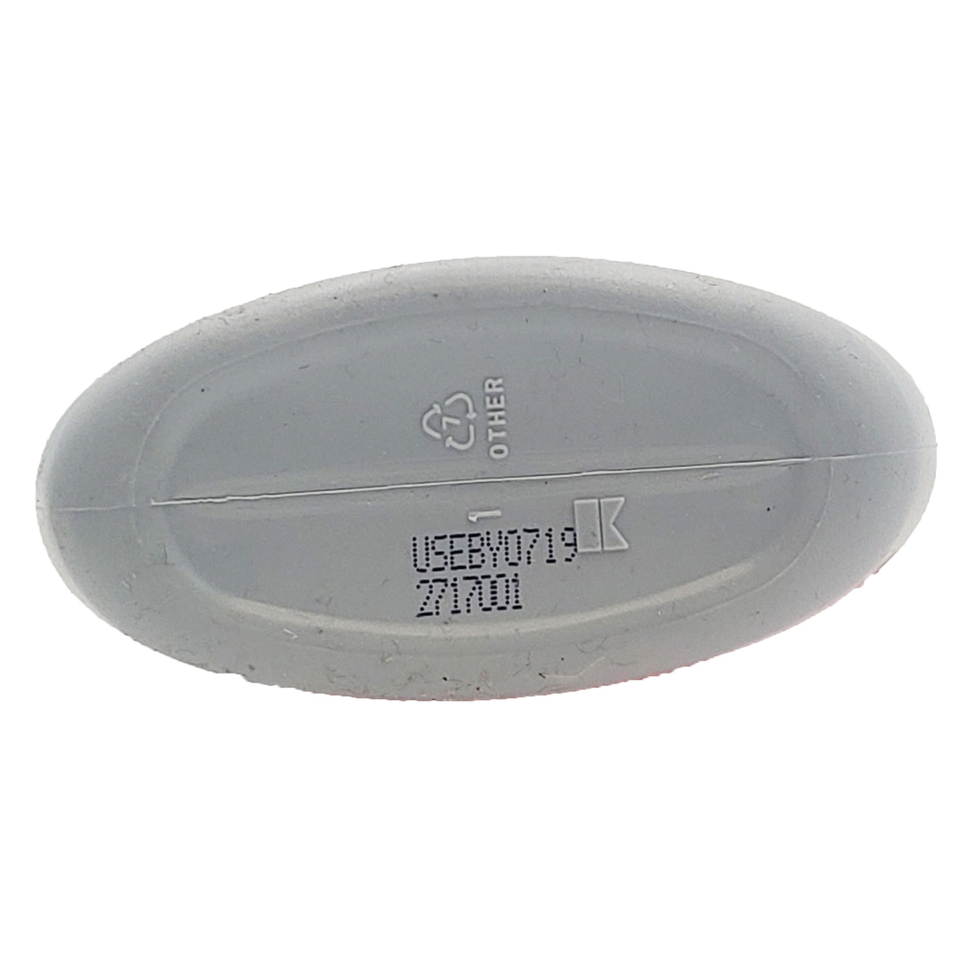 Bottom view of Vibra-Tite 140 threadlocker bottle showing recycle symbol and use-by date and lot code stamp