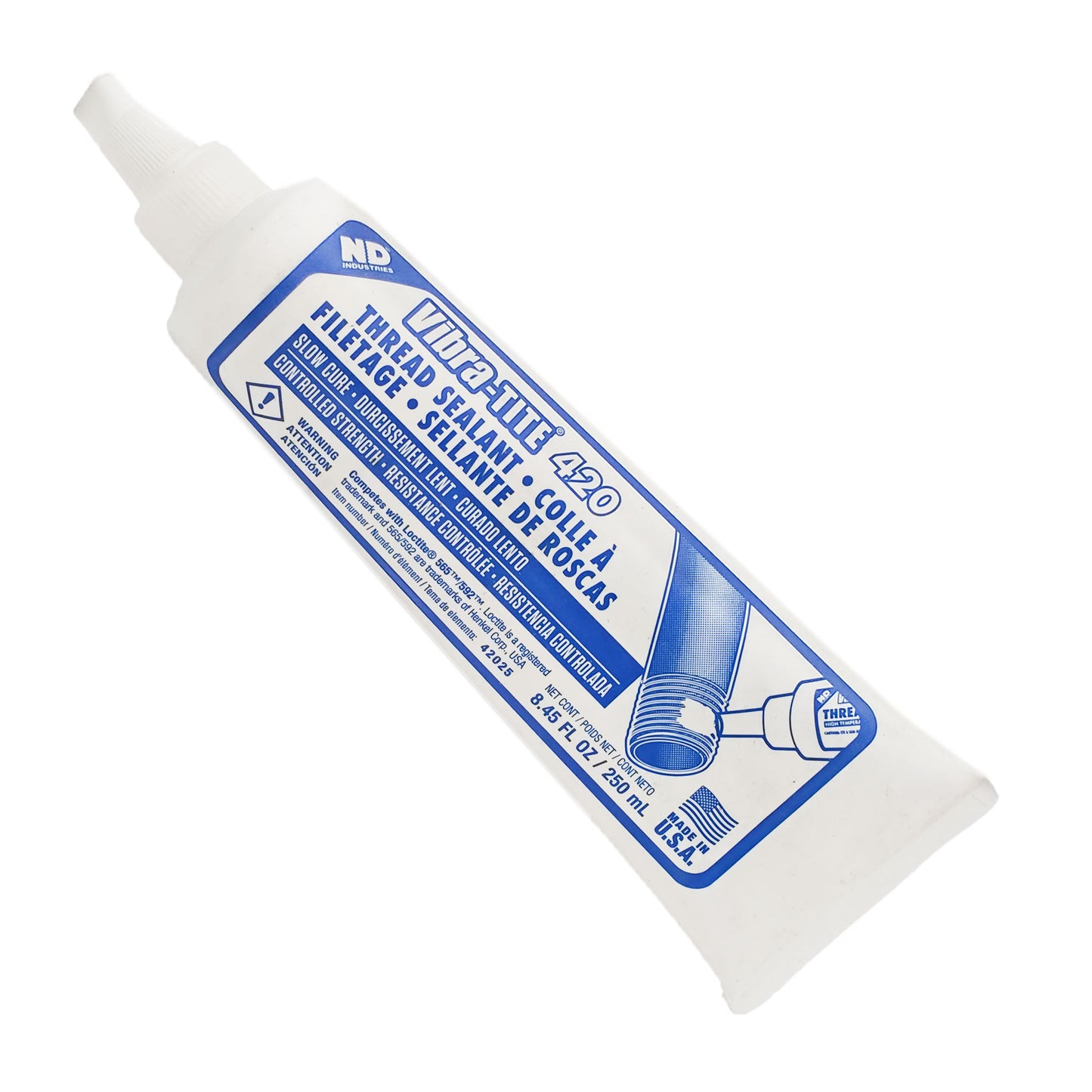 Front view of expired Vibra-Tite 420 slow-cure controlled-strength thread sealant 250 mL tube labeled as competitor to Loctite 565 and 592.