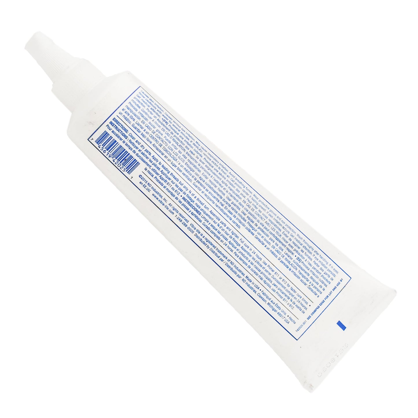 Back label of Vibra-Tite 420 thread sealant showing multilingual application directions, 24-hour cure time, item number 42025, and ND Industries distribution.