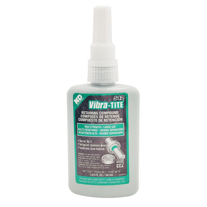 Front view of expired Vibra-Tite 542 high-strength large-gap retaining compound 50 mL bottle showing slow-set slip-fit application graphic