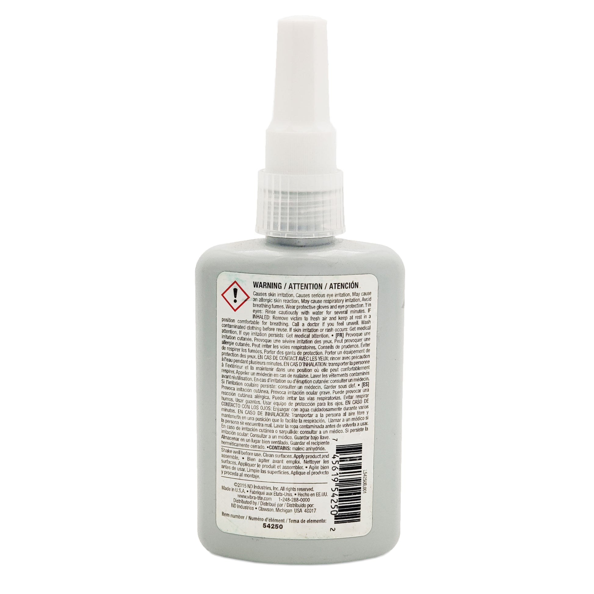 Back label of expired Vibra-Tite 542 retaining compound showing safety warnings, usage instructions, item number 54250, barcode, and ND Industries manufacturer details