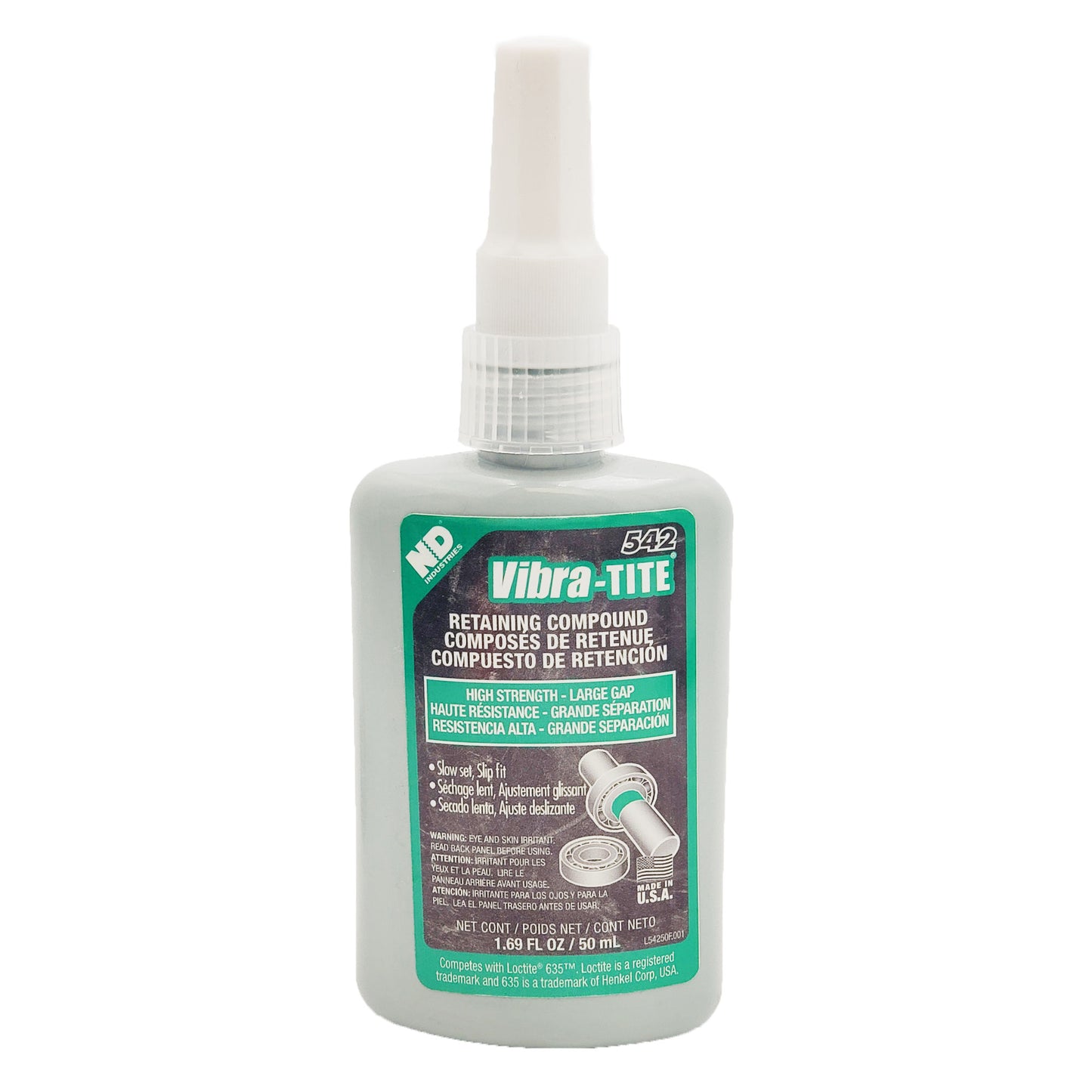 Front view of expired Vibra-Tite 542 high-strength large-gap retaining compound 50 mL bottle labeled slow-set slip-fit and competitor to Loctite 635