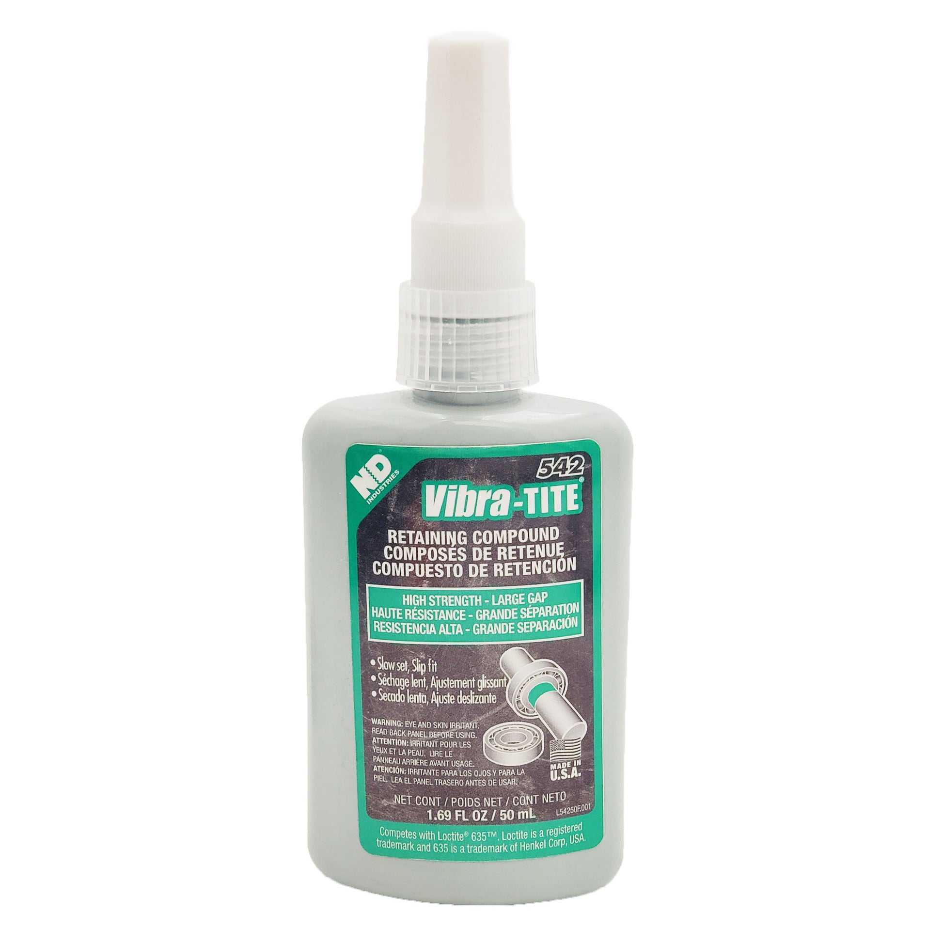 Front view of expired Vibra-Tite 542 high-strength large-gap retaining compound 50 mL bottle labeled slow-set slip-fit and competitor to Loctite 635