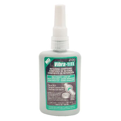 Front view of expired Vibra-Tite 542 high-strength large-gap retaining compound 50 mL bottle labeled slow-set slip-fit and competitor to Loctite 635