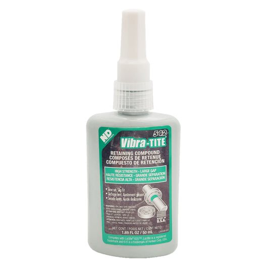 Front view of expired Vibra-Tite 542 high-strength large-gap retaining compound 50 mL bottle labeled slow-set slip-fit and competitor to Loctite 635