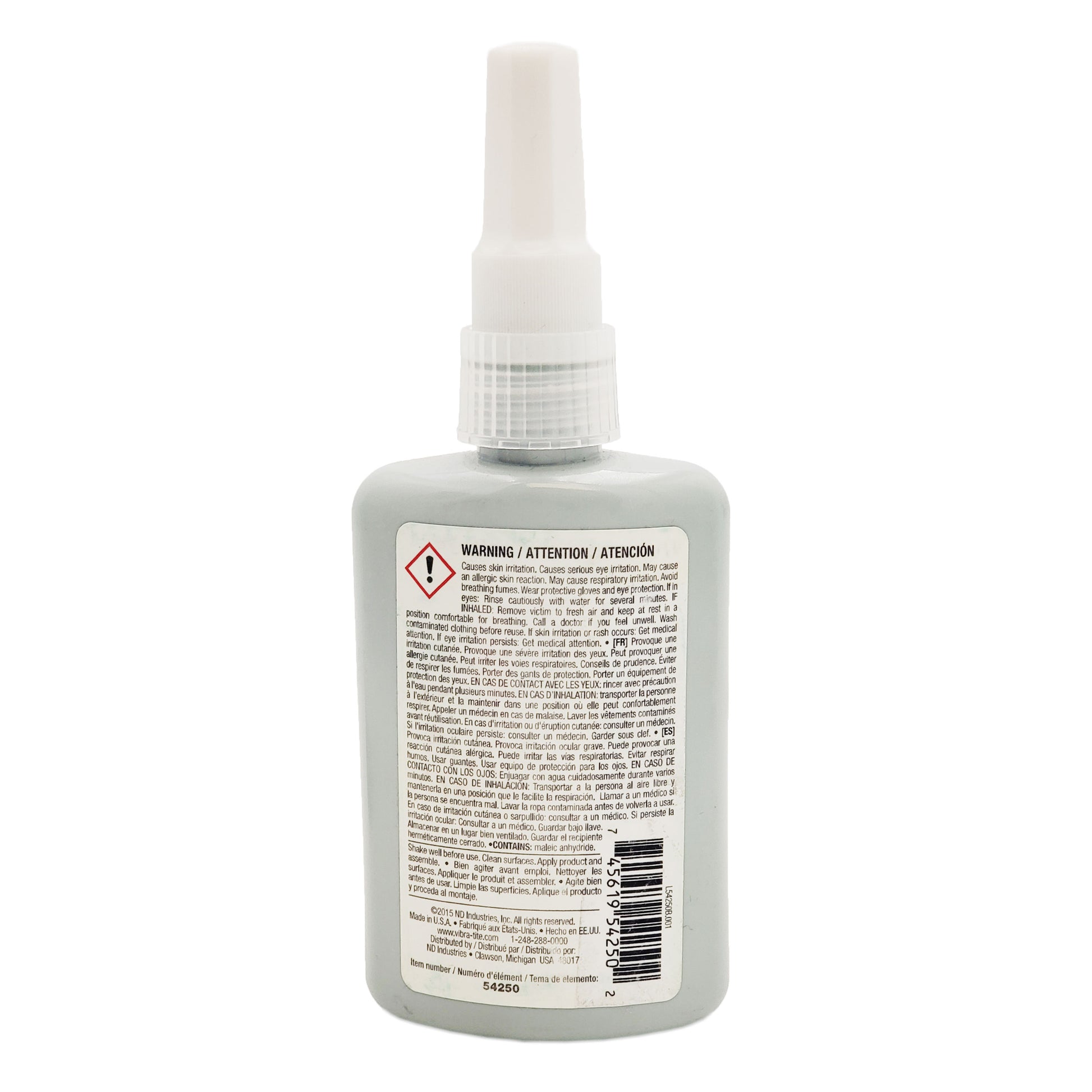 Back label of expired Vibra-Tite 542 retaining compound showing safety warnings, application directions, and item number 54250