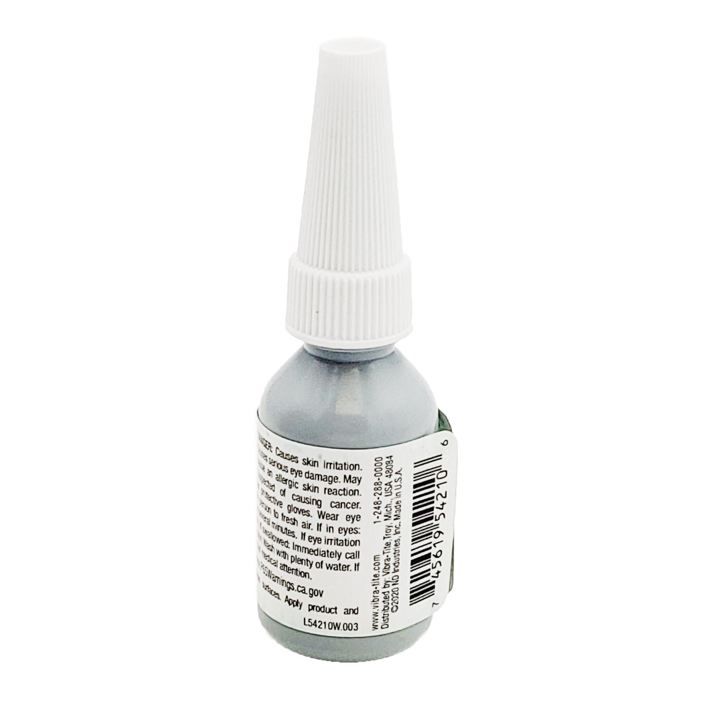 Back label of Vibra-Tite 542 retaining compound 10 mL showing distributor contact information, barcode, and Made in USA marking.