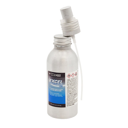 Front view of Vibra-Tite Excel Accelerator 623 cyanoacrylate accelerator bottle with spray pump attachment, used to speed adhesive cure times