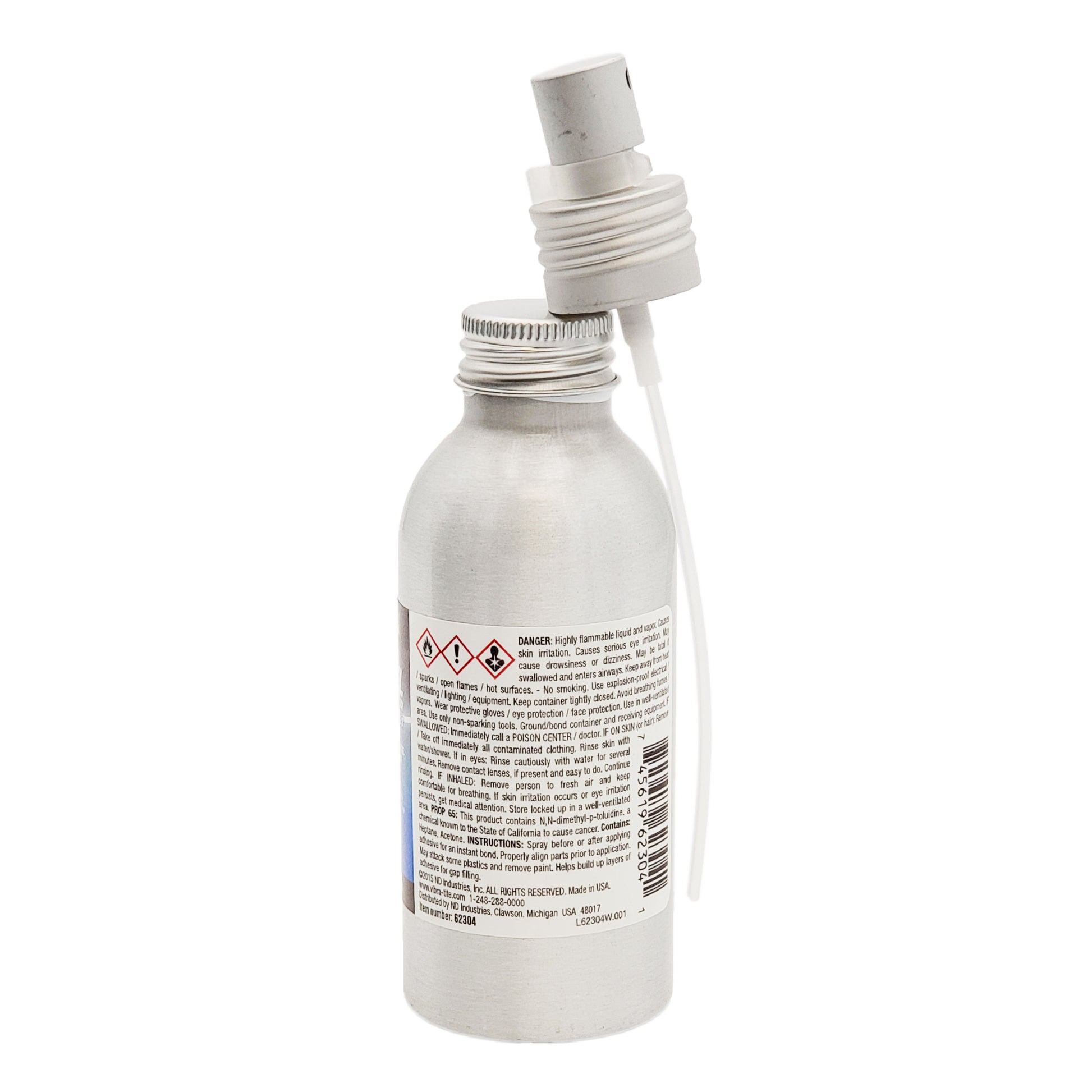 Back label of Vibra-Tite Excel Accelerator 623 showing flammable liquid warnings, ingredient list including heptane and acetone, and application instructions