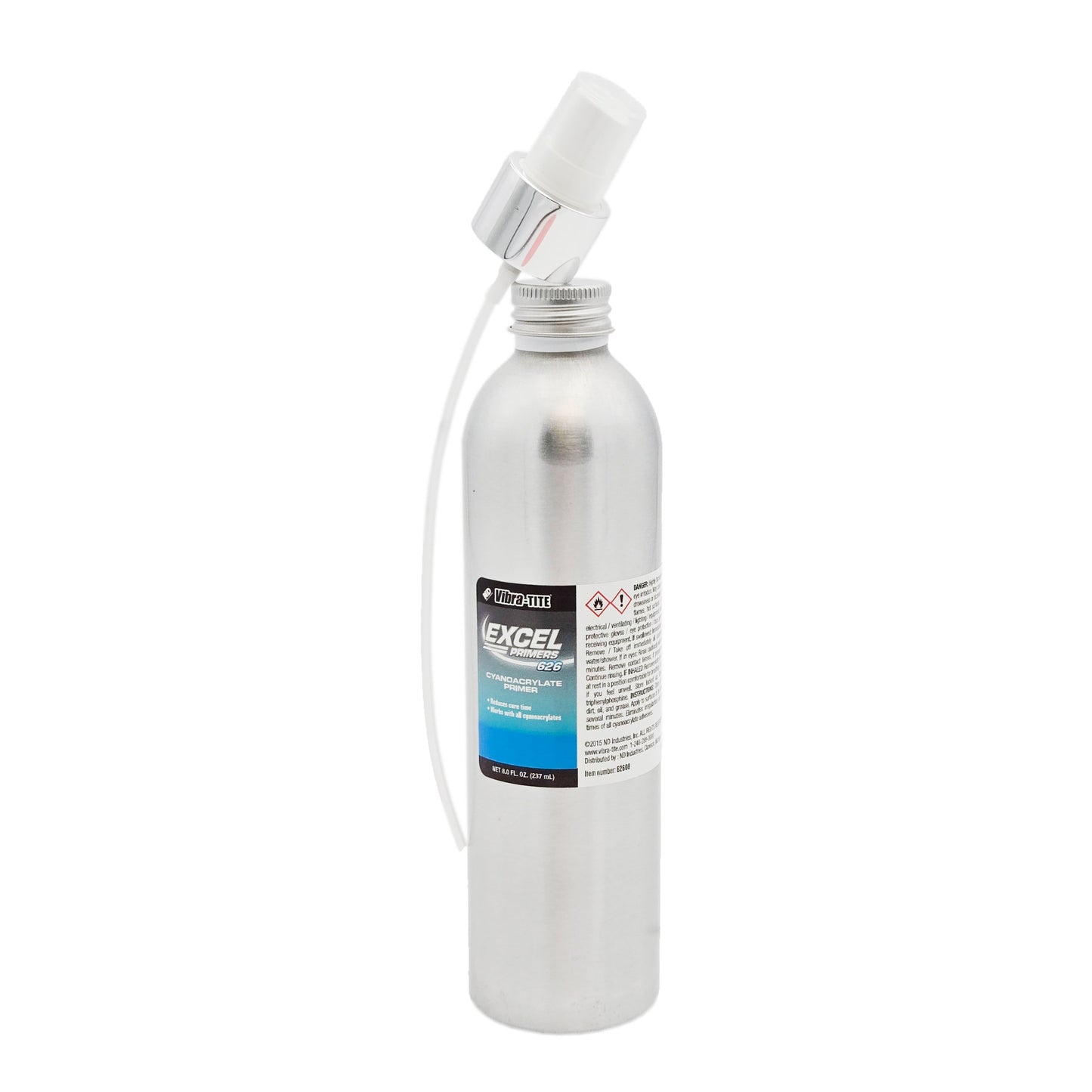 Full view of expired Vibra-Tite 626 primer bottle with aluminum container and spray pump applicator with dip tube.