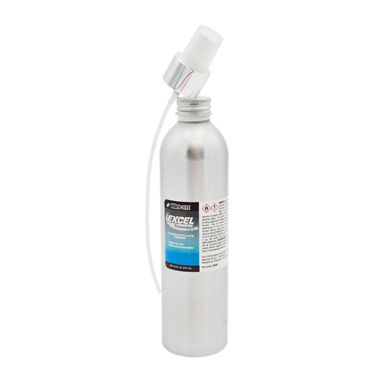 Full view of expired Vibra-Tite 626 primer bottle with aluminum container and spray pump applicator with dip tube.