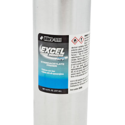 Front label close-up of Vibra-Tite Excel Primers 626 cyanoacrylate primer showing branding, cure-time reduction benefits, and 8 oz volume.