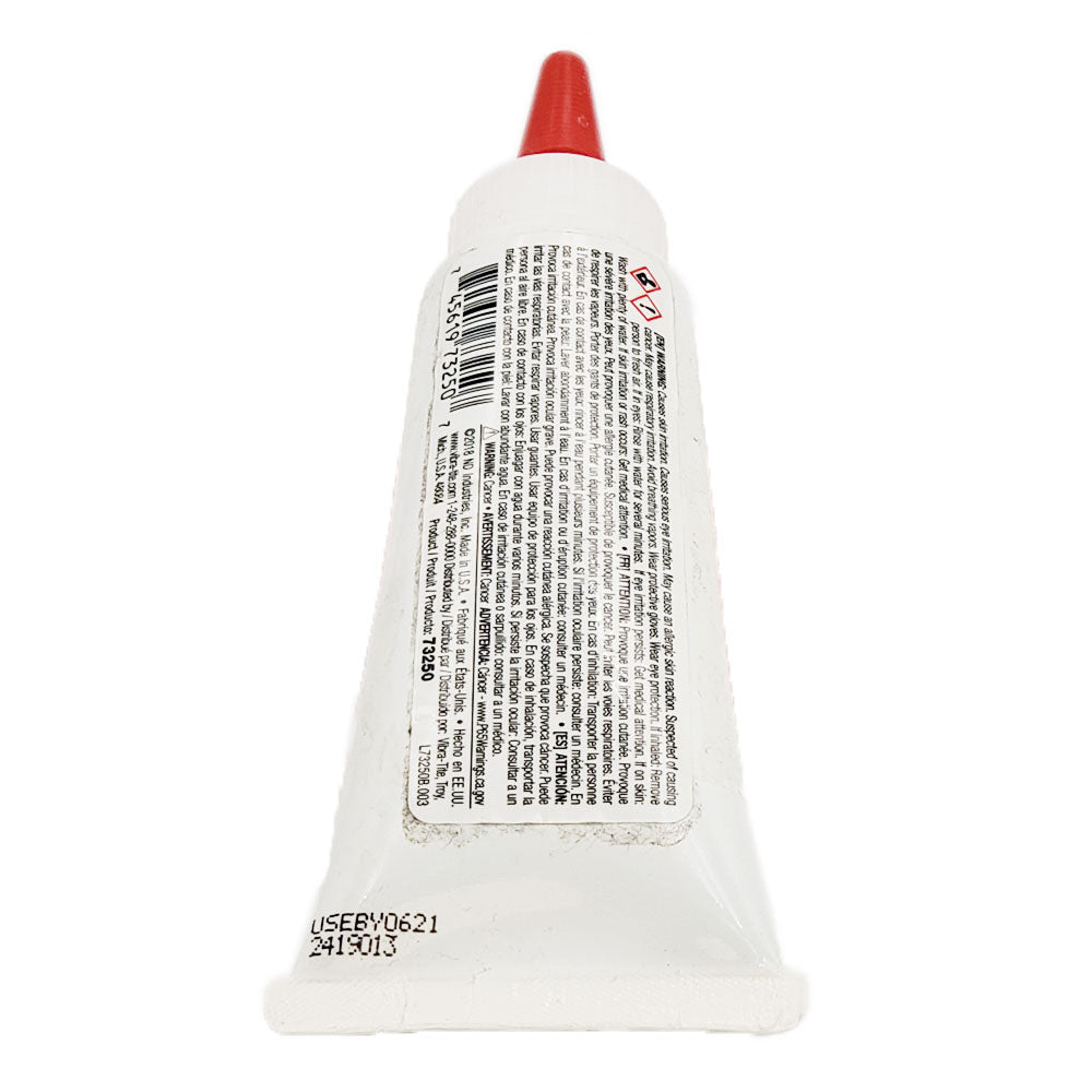 Side view of Vibra-Tite 732 gasket maker tube showing multilingual safety warnings, manufacturer information, and barcode.