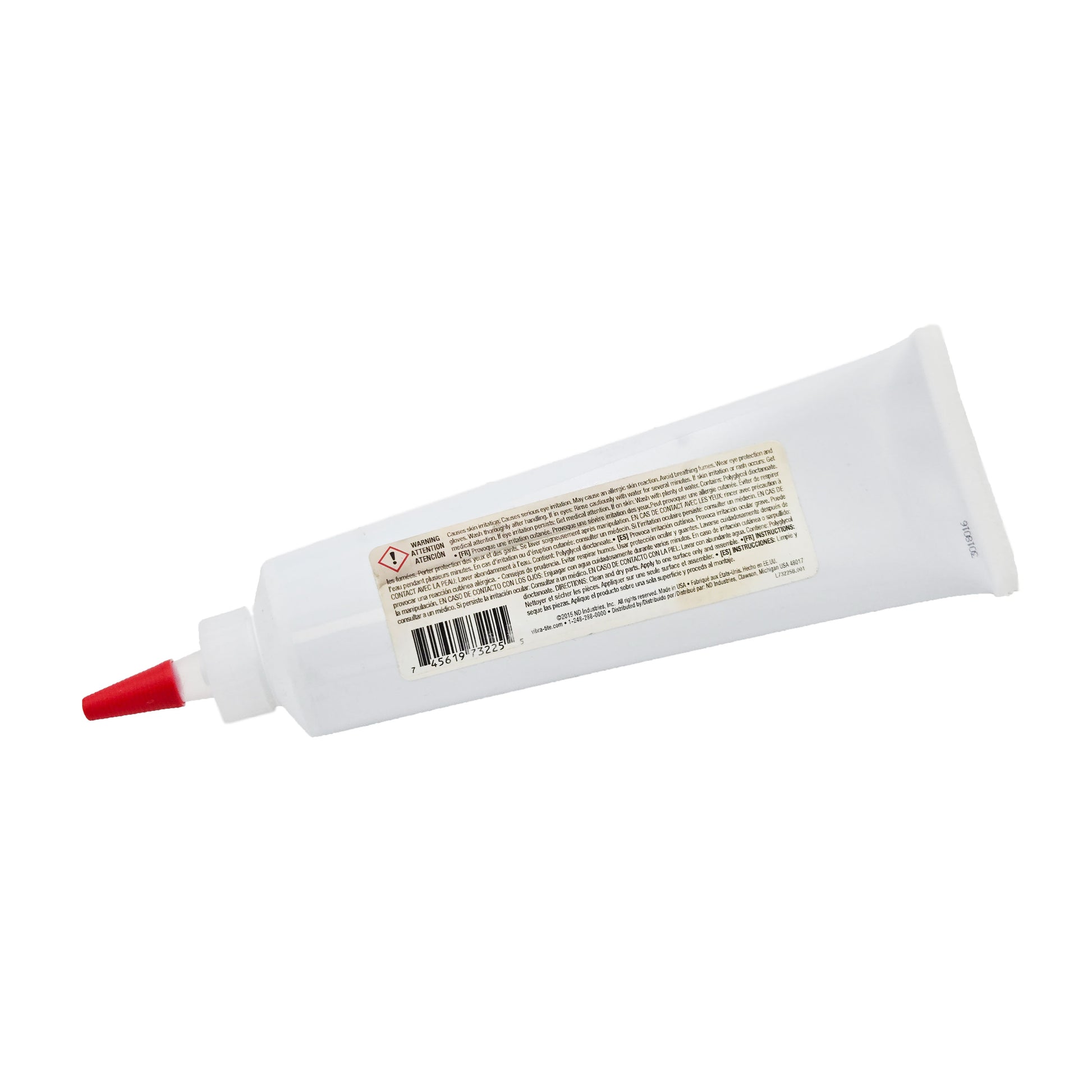 Back label of Vibra-Tite 732 gasket maker showing safety warnings, application instructions, UPC barcode, and ND Industries manufacturer information.