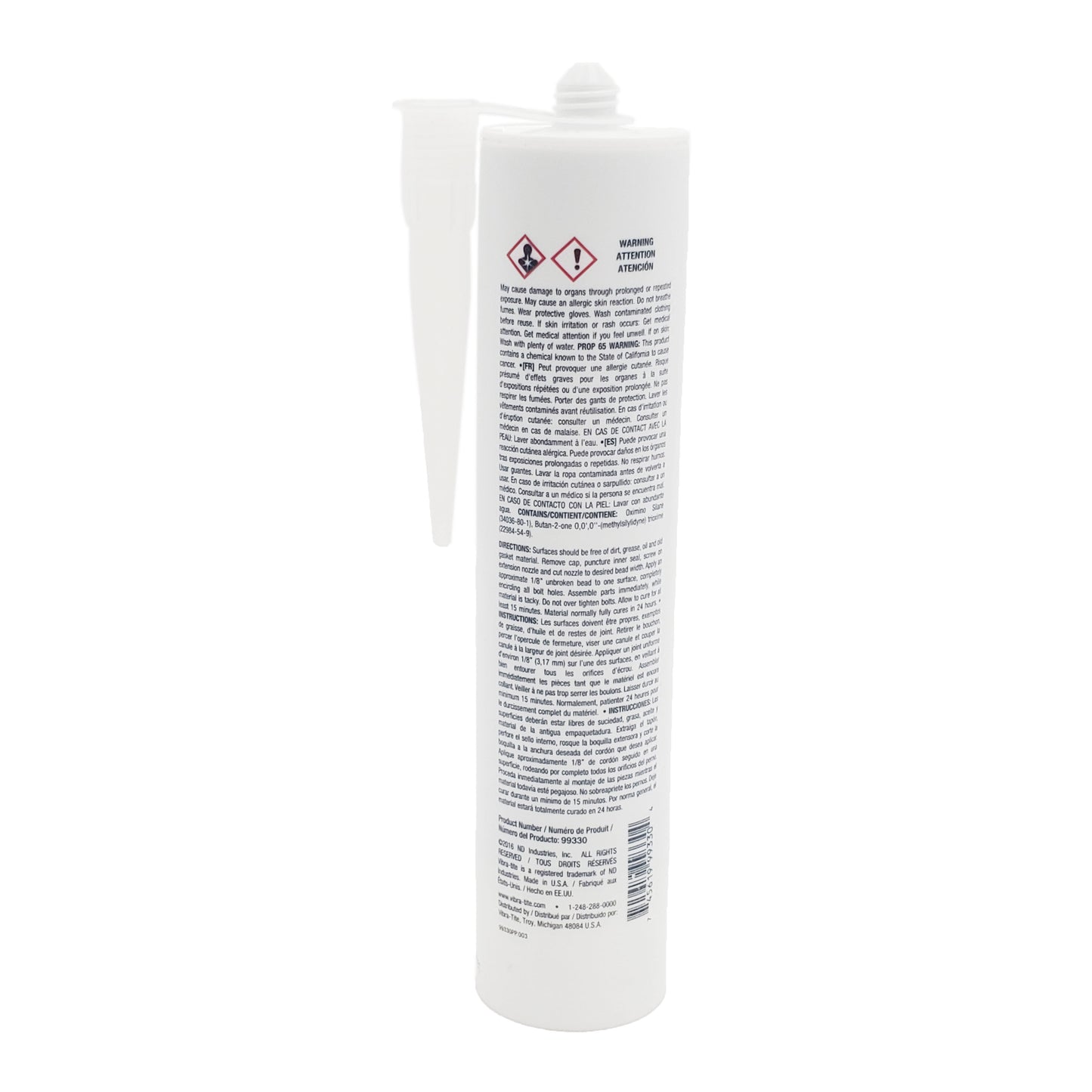 Back label of Vibra-Tite 993 RTV silicone showing safety warnings, Prop 65 notice, multilingual application instructions, barcode, and product number 99330