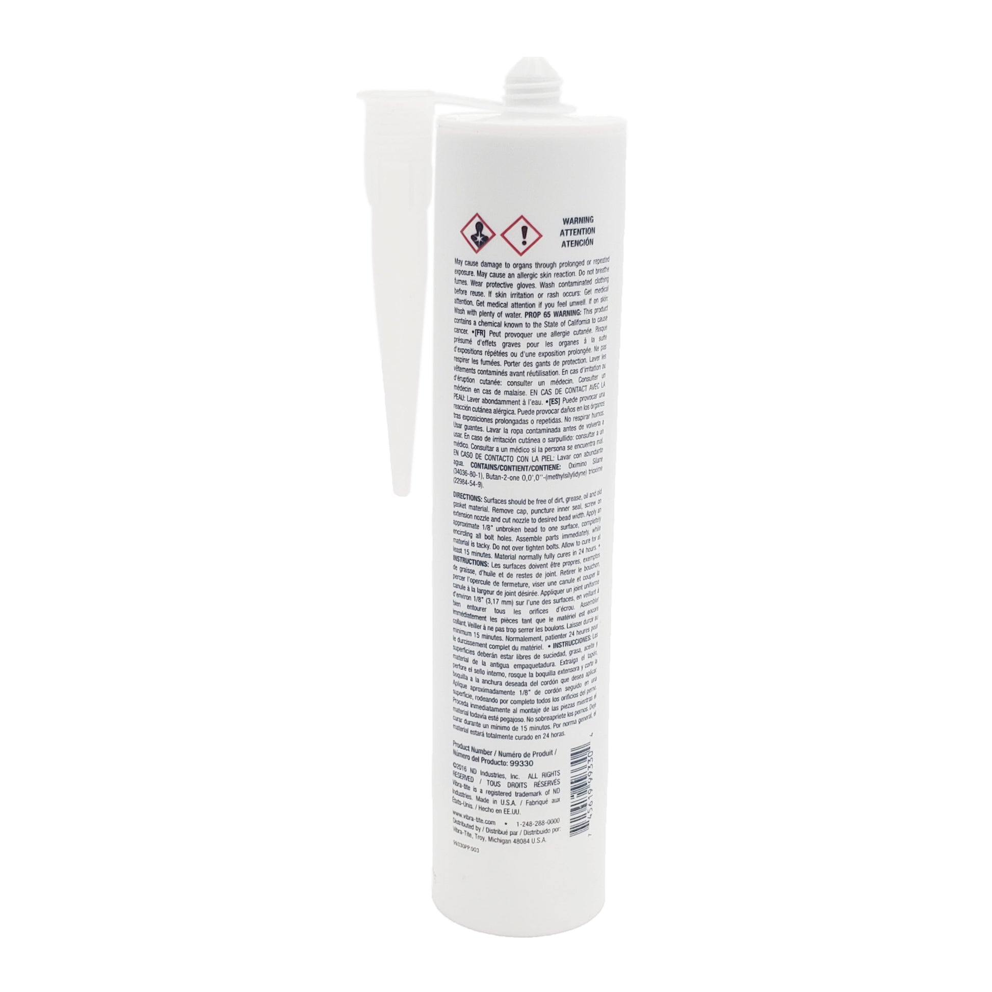 Back label of Vibra-Tite 993 RTV silicone showing safety warnings, Prop 65 notice, multilingual application instructions, barcode, and product number 99330