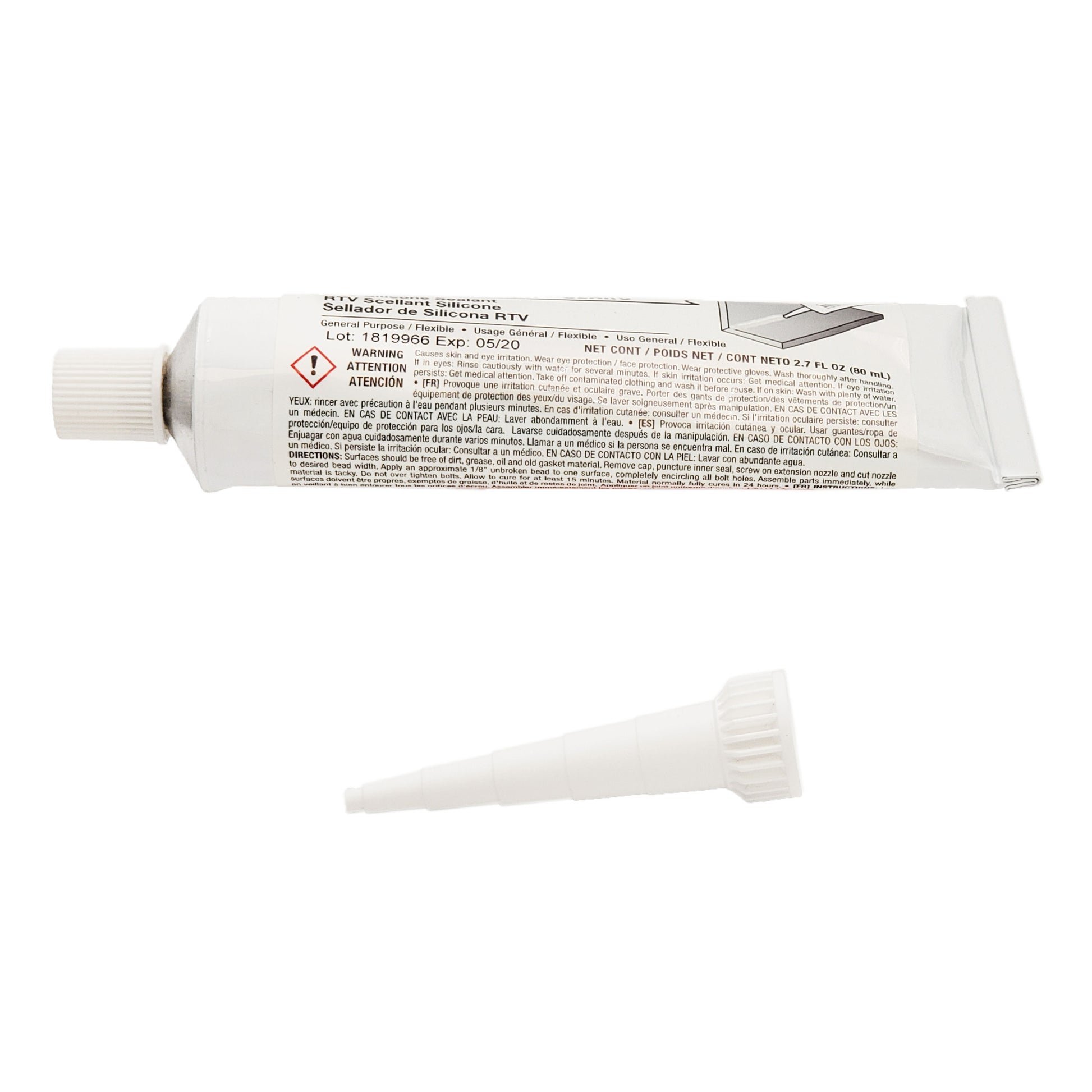 Safety and directions label of Vibra-Tite 995 RTV silicone showing irritation warning symbol, application instructions, 80 mL volume, lot 1819966, and expiration date.