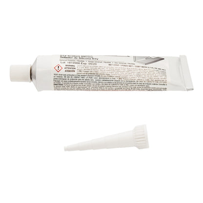 Safety and directions label of Vibra-Tite 995 RTV silicone showing irritation warning symbol, application instructions, 80 mL volume, lot 1819966, and expiration date.