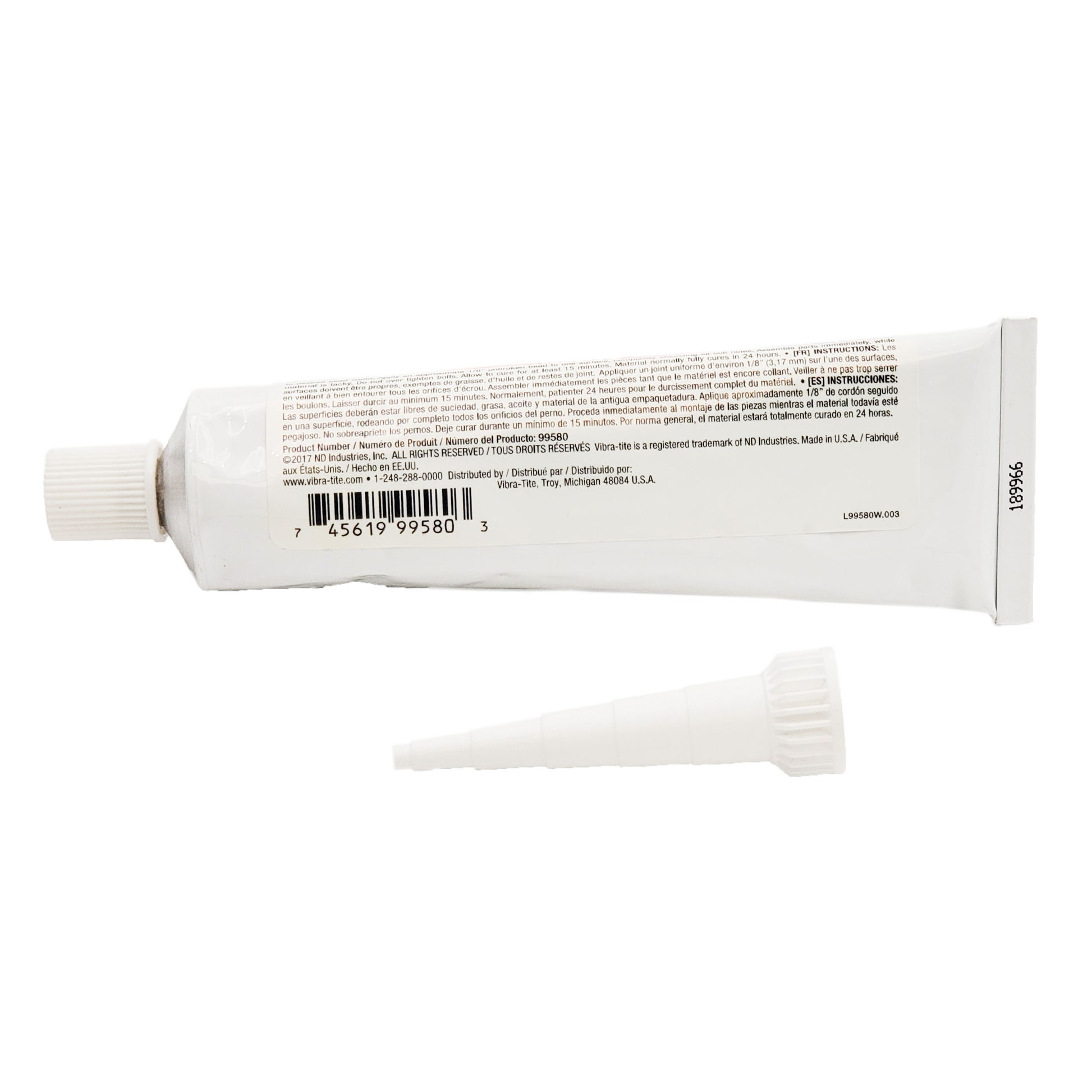 Back label of expired Vibra-Tite 995 clear RTV silicone gasket maker showing multilingual instructions, product number 99580, barcode, and ND Industries manufacturer details.