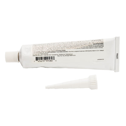Back label of expired Vibra-Tite 995 clear RTV silicone gasket maker showing multilingual instructions, product number 99580, barcode, and ND Industries manufacturer details.