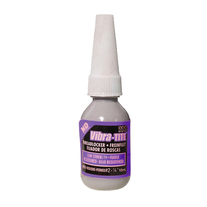 Angled front view of Vibra-Tite 111 threadlocker bottle with purple label and tapered white applicator tip