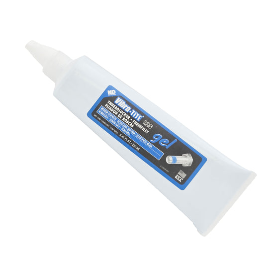 Angled front view of expired Vibra-Tite 125 removable gel threadlocker 250 mL tube showing medium-strength labeling and bolt application graphic.