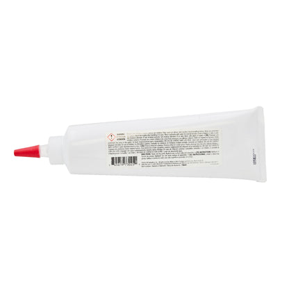 Back label of Vibra-Tite 730 gasket maker showing application instructions, safety warnings, item number 73025, and use-by date stamp.