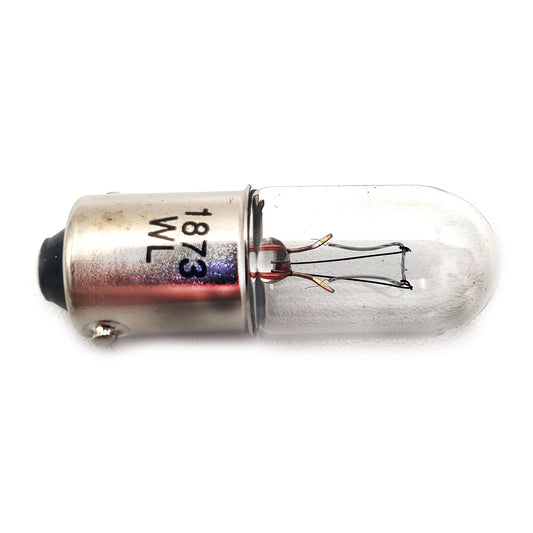 Wamco 1873 subminiature aircraft lamp with T3-1/4 envelope, BA9s base, and 28V 200mA output
