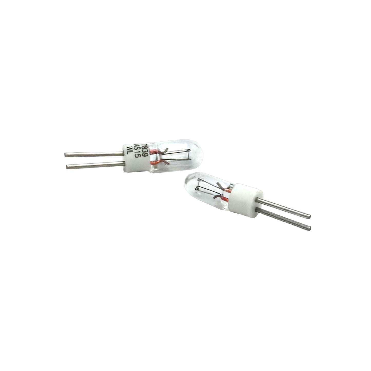 Wamco 7839AS15 subminiature aircraft lamp with clear glass bulb, white base, and twin lead wires.
