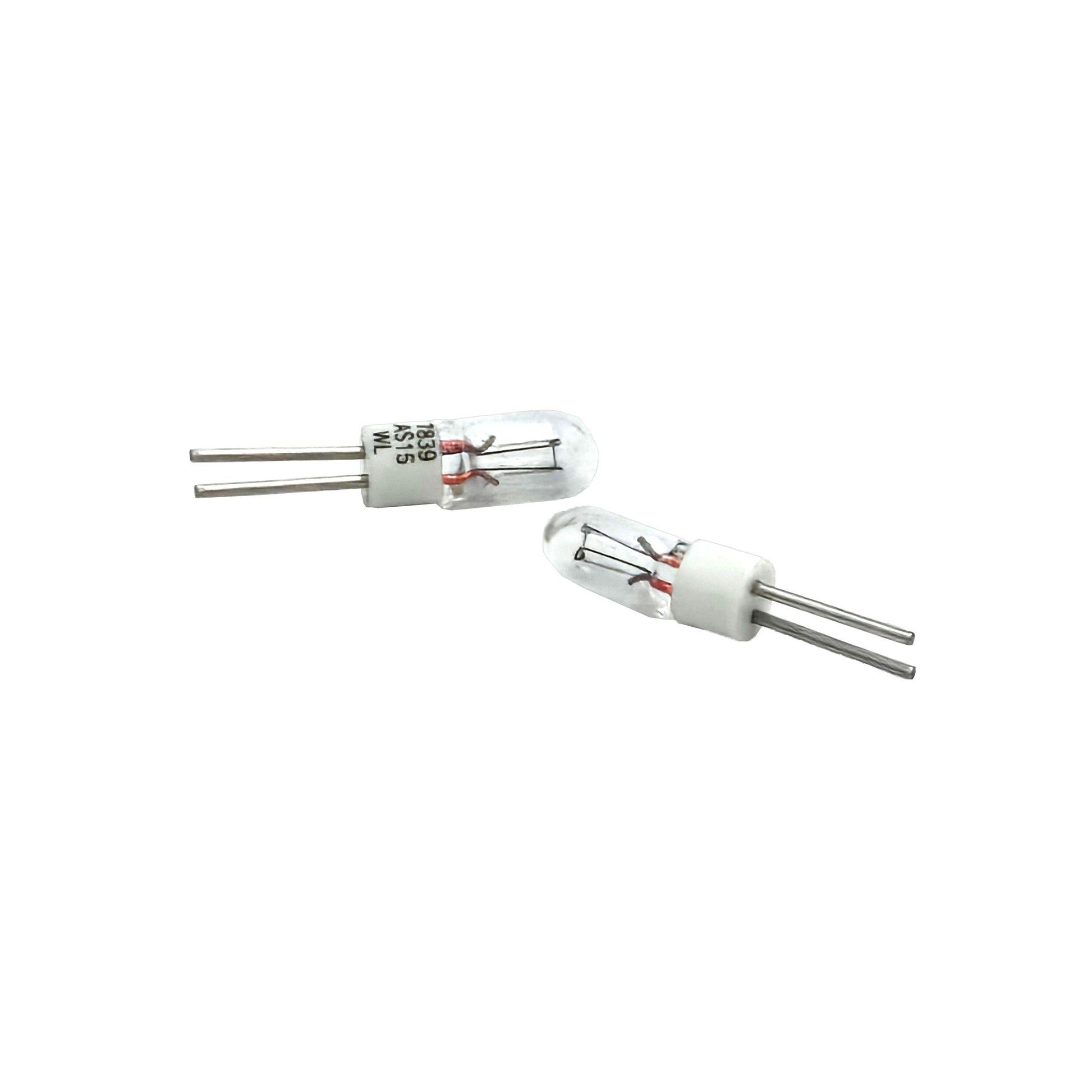 Wamco 7839AS15 subminiature aircraft lamp with clear glass bulb, white base, and twin lead wires.