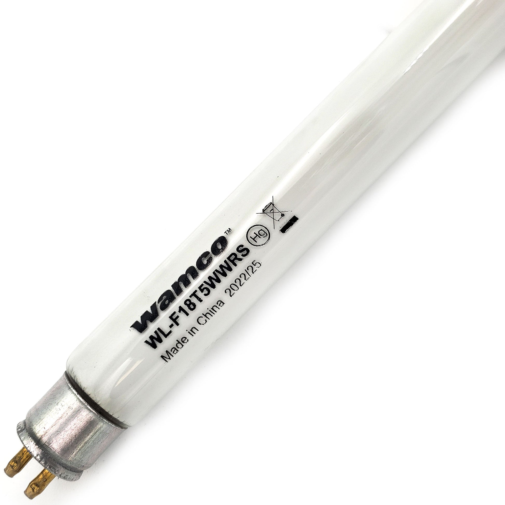 Close-up of Wamco F18T5WWRS Fluorescent Aircraft Lamp showing T5 envelope and G5 bi-pin base details