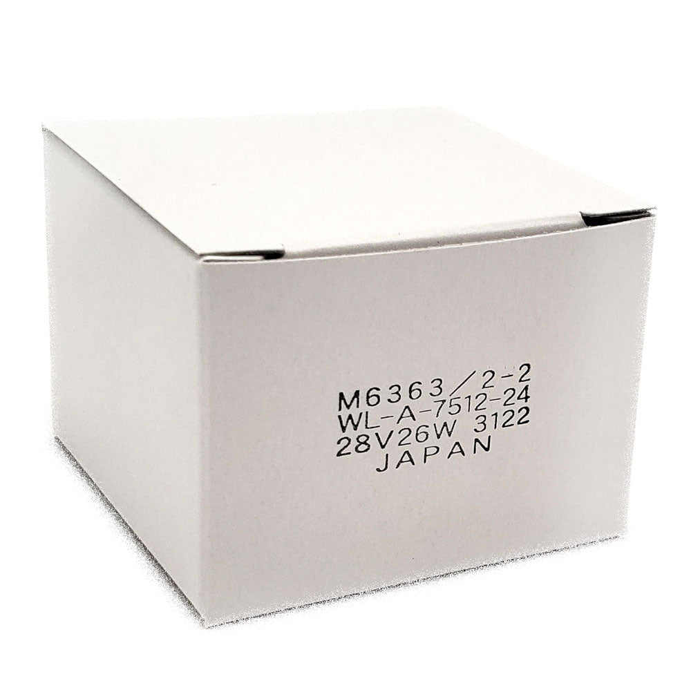 Mil Spec Incandescent Reflector Lamp M6363/2-2 – White Square Lamp Box with Printed Specifications Angled Left