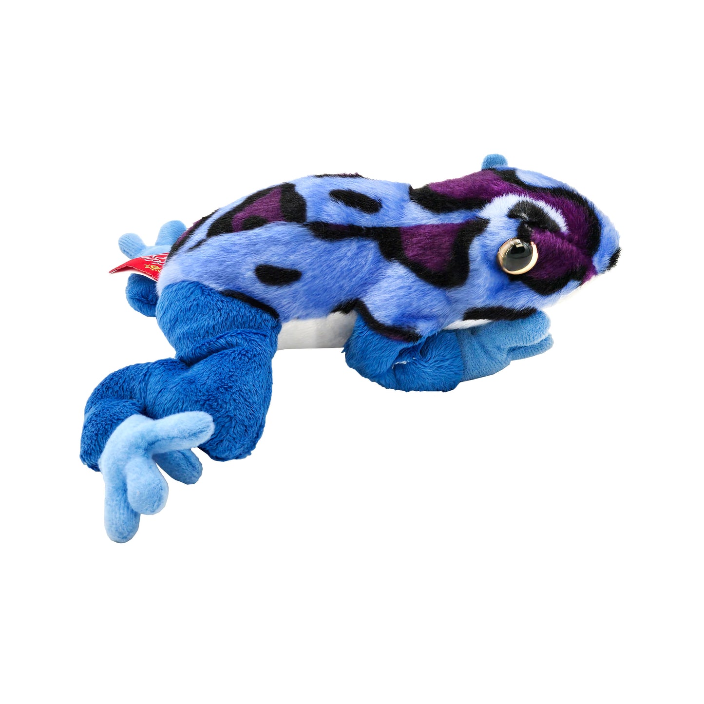 Side profile of plush blue and purple spotted tree frog with lighter blue limbs and red tag