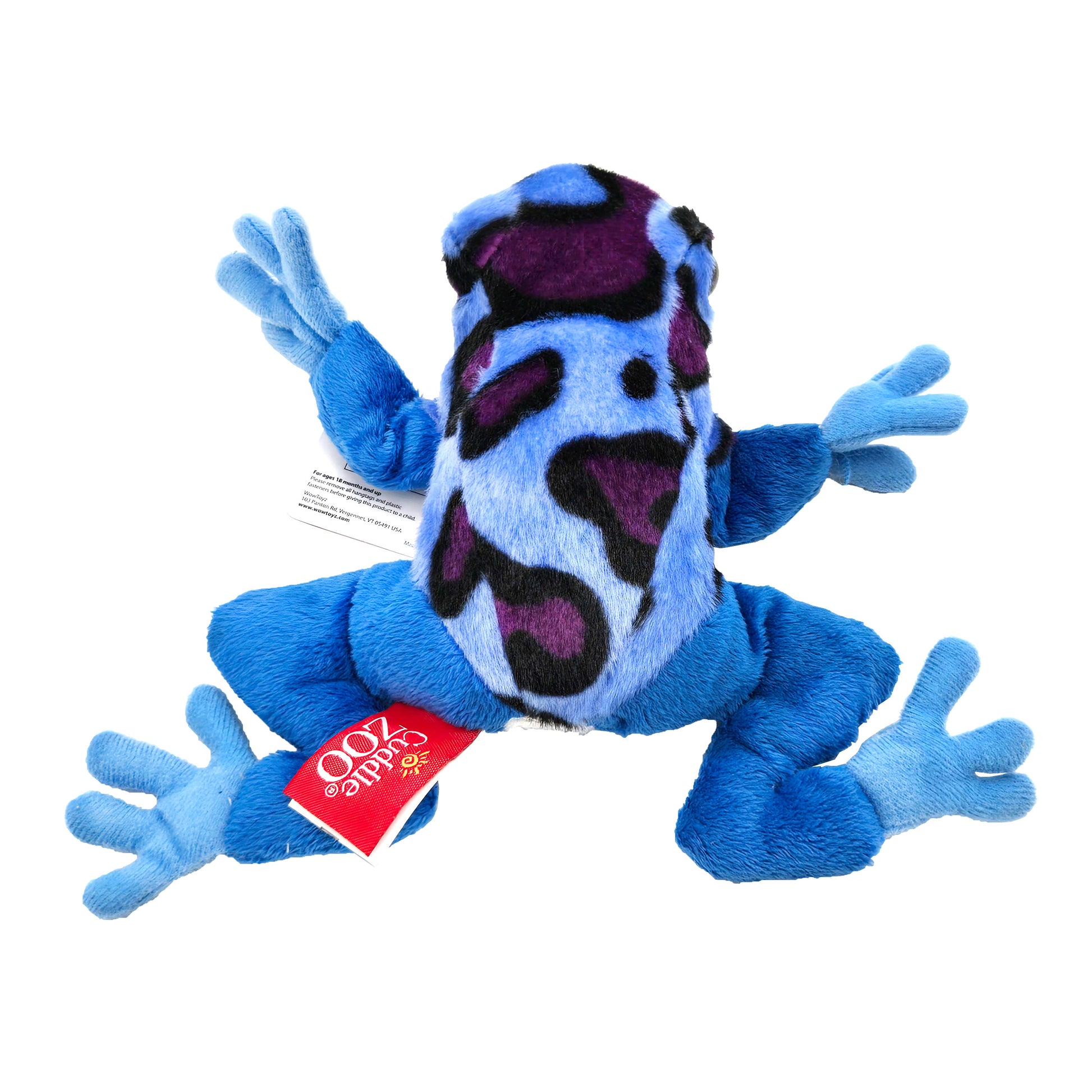 Top view of plush frog with blue and purple spotted pattern and light blue hands and feet
