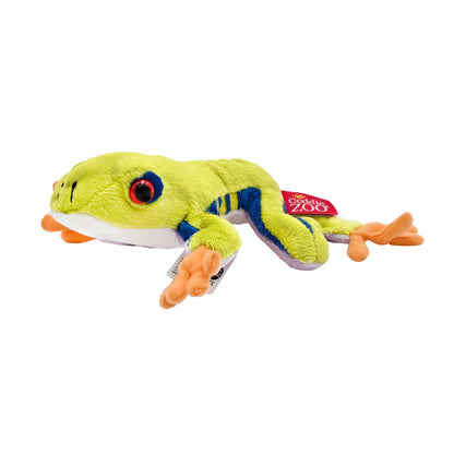 Plush red-eyed tree frog toy with green body, blue side stripes, orange legs, and red eyes