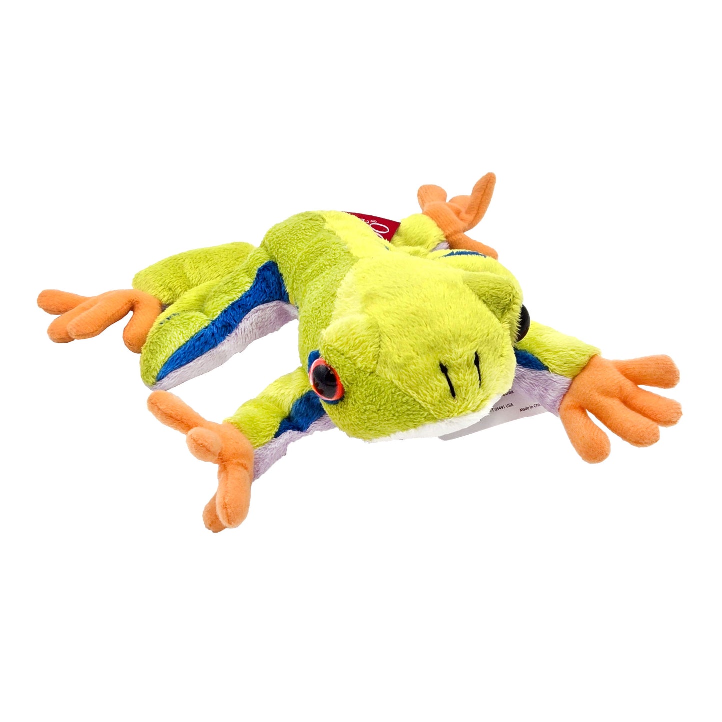 Front view of plush red-eyed tree frog with lime green body, blue stripes, and orange webbed feet