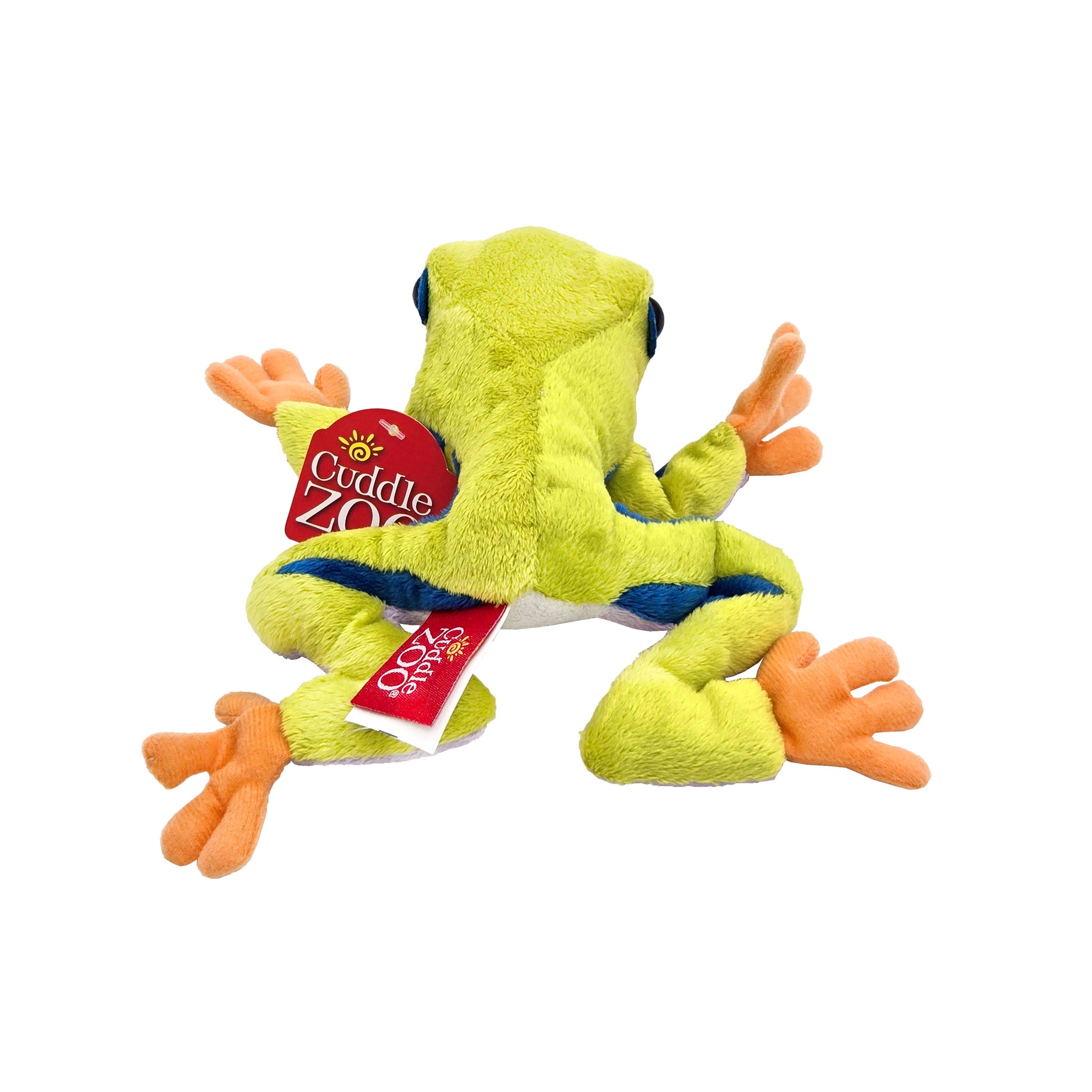 Front view of plush red-eyed tree frog with lime green body, blue stripes, and orange webbed feet