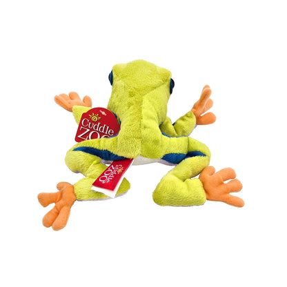 Front view of plush red-eyed tree frog with lime green body, blue stripes, and orange webbed feet