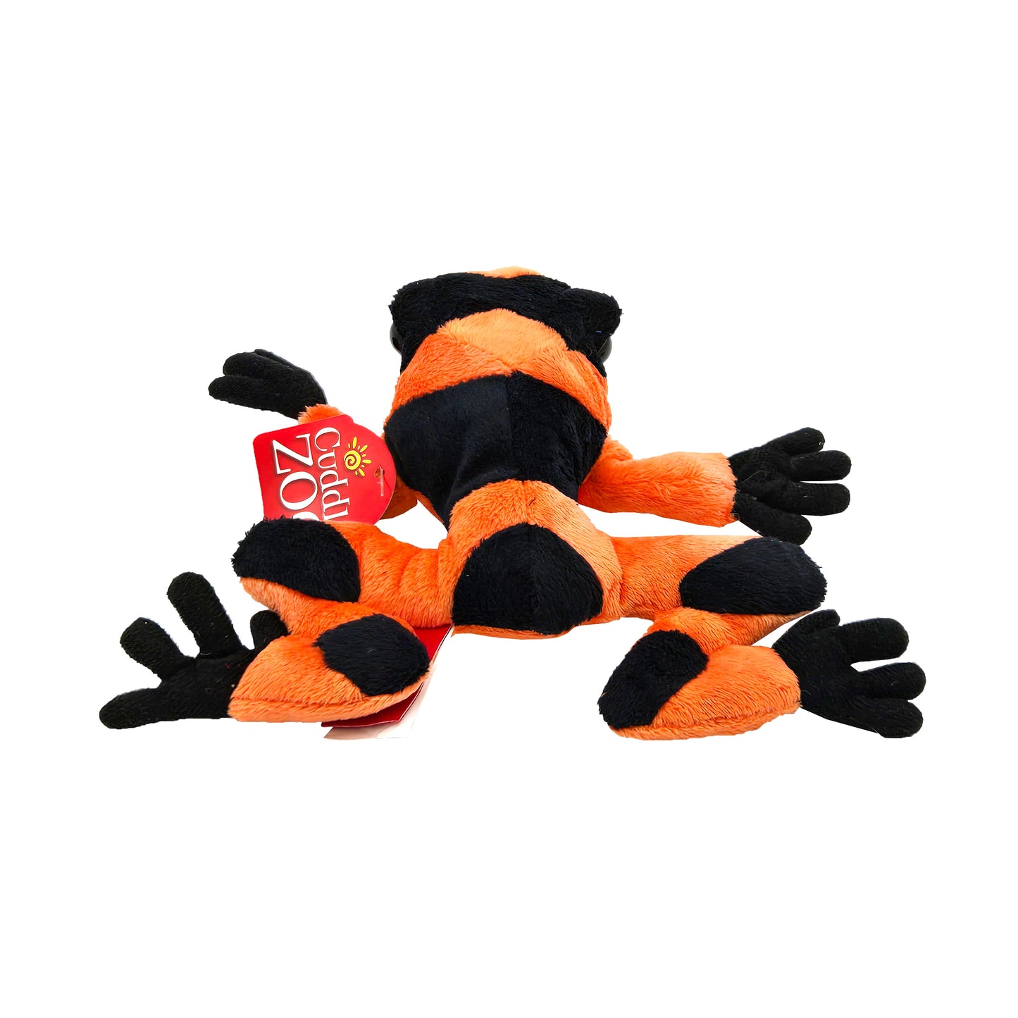 Rear view of orange and black striped plush tree frog with black hands and feet