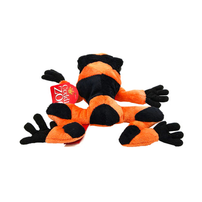 Rear view of orange and black striped plush tree frog with black hands and feet
