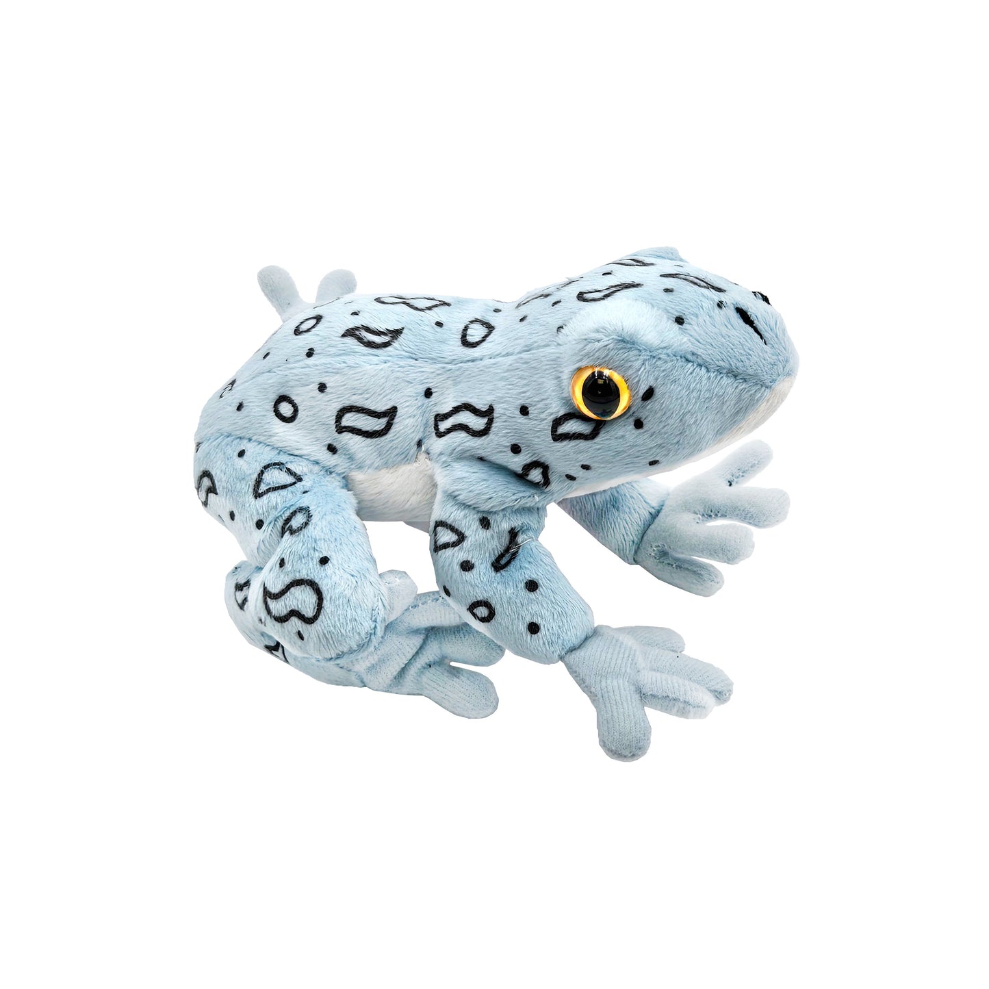 Side profile of plush blue-gray frog with curled limbs, black spots, and yellow eye