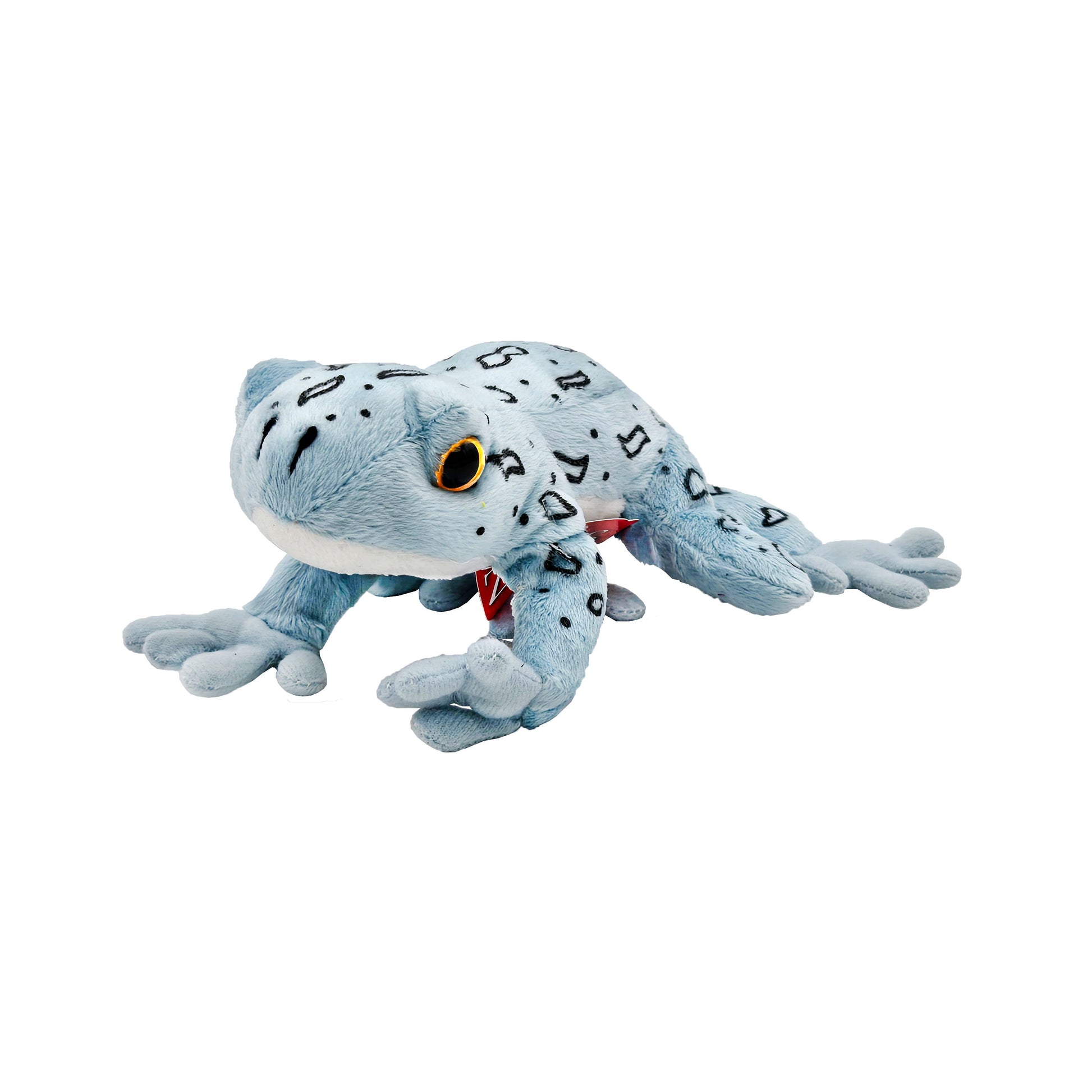 Front view of plush blue-gray frog with black spots and golden-yellow eyes