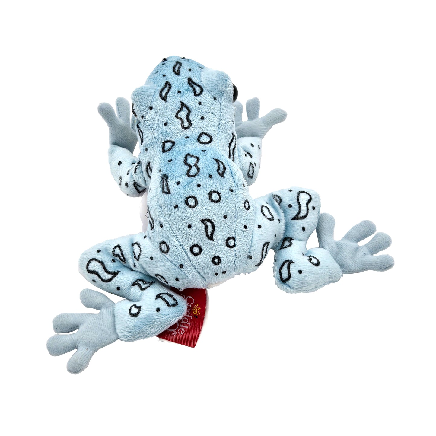 Top view of light blue-gray plush frog with irregular black spots and splayed legs