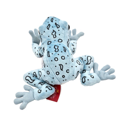 Top view of light blue-gray plush frog with irregular black spots and splayed legs